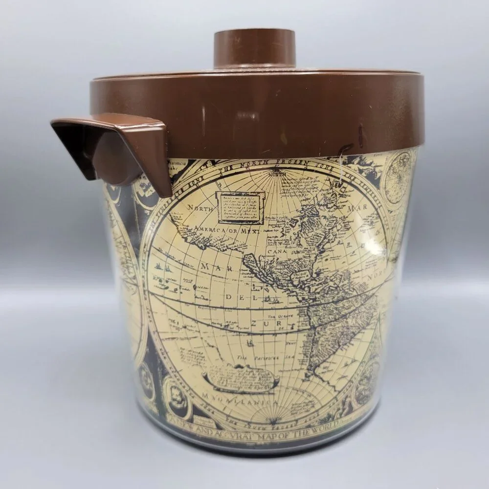 Vintage Thermo-Serv West Bend USA Brown Lid Ice Bucket With World Map Design